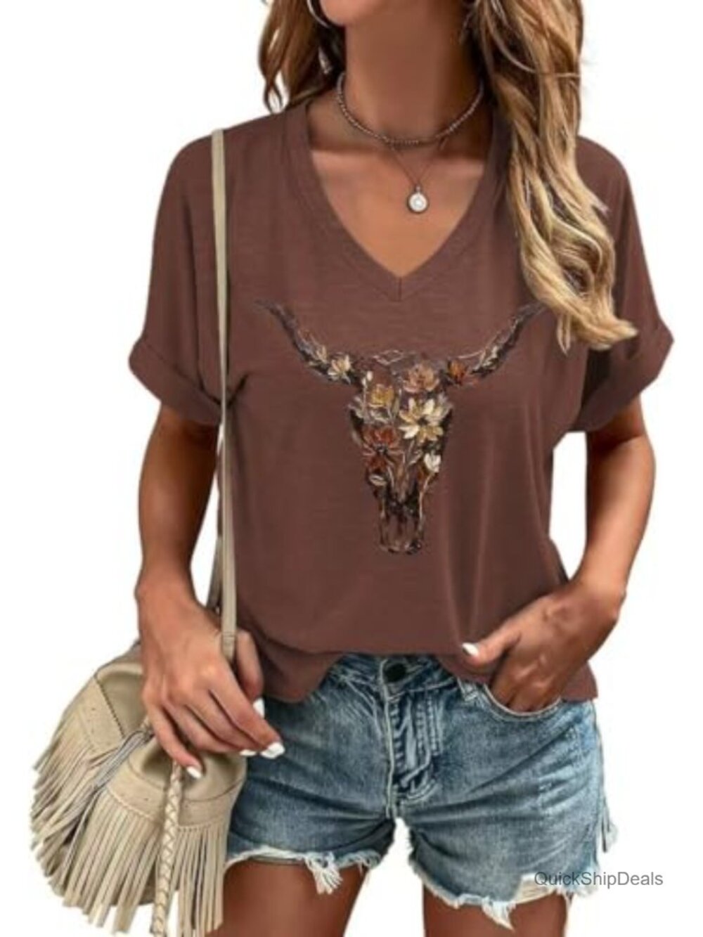 Women's Cotton Blend Western Cowgirl Graphic V-Neck Short Sleeve T-Shirt